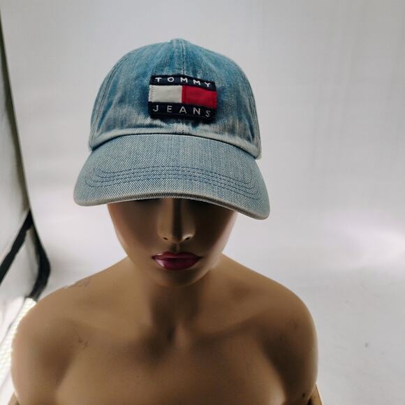 Vtg Tommy Hilfiger Jeans Adjustable Denim Baseball Flag Logo Cap Hat Leather Str - Picture 3 of 9